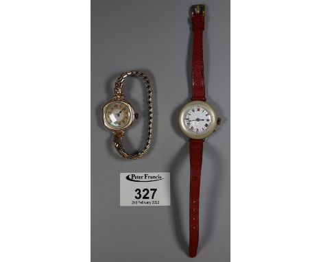 9ct gold ladies bracelet wrist watch with circular enamelled face, together with another early 20th century enamel and mother