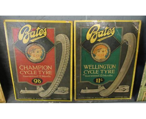 A pair of vintage advertising cards; 'Bates Wellington Cycle Tyre guaranteed 13 months' and 'Bates Champion Cycle tyre guaran