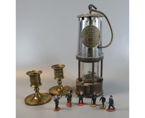 Protector Lamp &amp; Lighting co. ltd. miner's safety lamp, a pair of early 19th century dwarf brass candlesticks marked to t