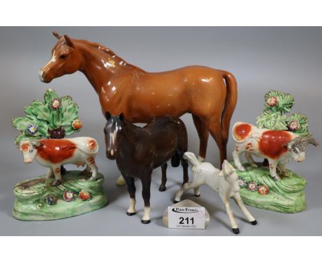 Collection of ceramic animals to include; Beswick horse and foal, Royal Doulton horse and a pair of Staffordshire flat backs 