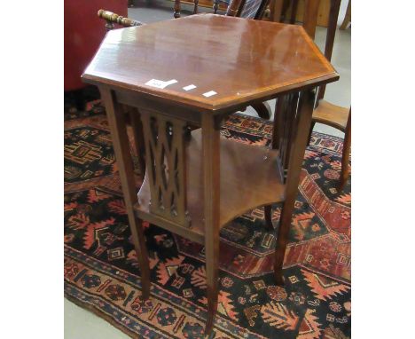 Edwardian mahogany inlaid hexagonal lamp table with shaped under-tier on out swept legs. (B.P. 21% + VAT) Dimensions  -  55 x