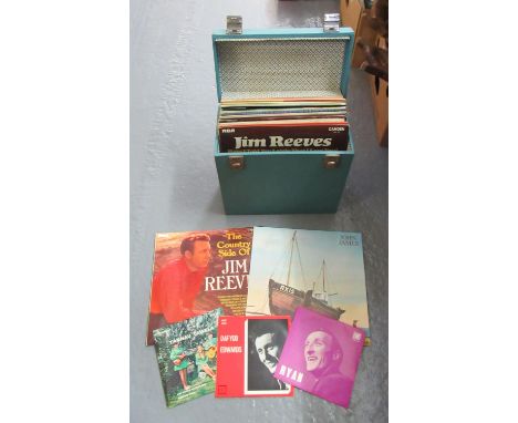 Vintage record box containing various vinyl records to include; Jim Reeves, Treorchy Male Voice Choir, Frank Fields Greatest 