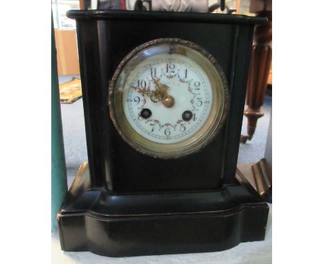 Small ebonised wooden two train architectural mantel clock.(B.P. 21% + VAT) 
