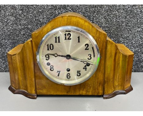 Vintage mahogany mantle clock in the Art Deco style with pendulum and 2 keys