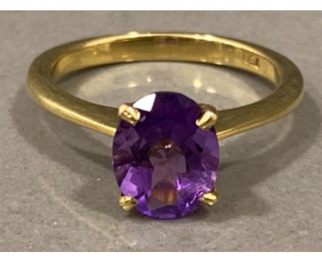 18ct yellow gold &amp; oval amethyst ring, VGC, size O, 3.8g gross