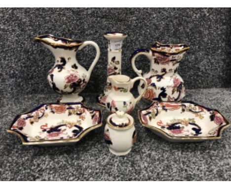 Masons candle stick 2 pin dishes plus 3 jugs and one other all in the Mandalay pattern