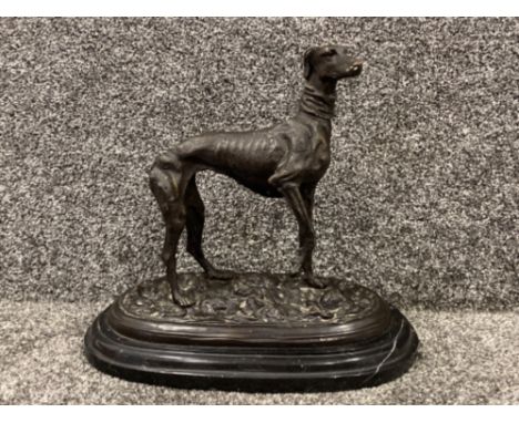 Bronze model of Greyhound on a black marble base England, signed MENE to back, Height 30cm x Width 32cm