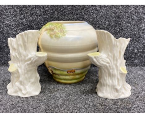 Pair of Belleek old oak tree trunk porcelain vases (16cm) together with a large crown Ducal vase