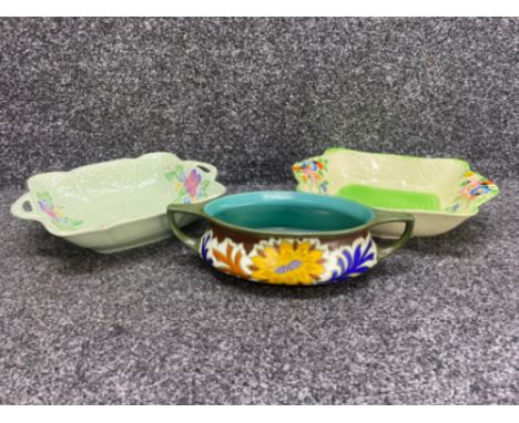 A vintage ‘Gouda’ twin handled oval dish fully marked to base and 2 vintage crown devon floral patterned dishes