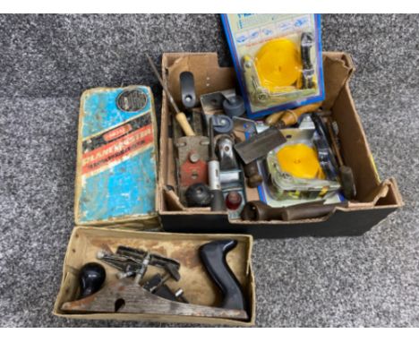 Box of vintage tools including planes, John Cockerill hand saw etc also includes New Ratchet tie downs