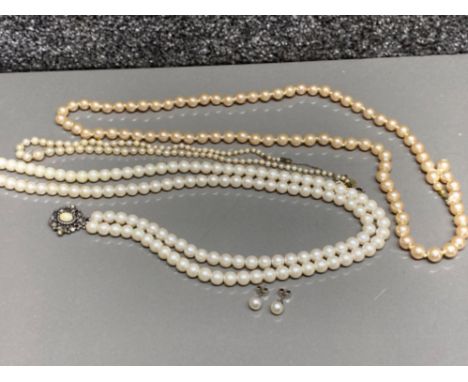 Vintage 9ct white gold &amp; Pearl earrings 1.7g, together with 3x vintage simulated Pearl necklaces