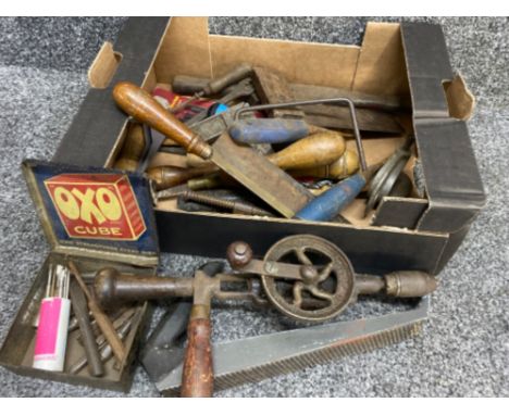 Box of miscellaneous vintage hand tools including Record screwdriver etc