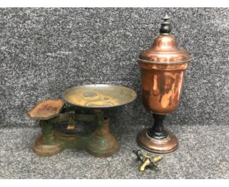Set of vintage weighting scales together with brass and copper samovar