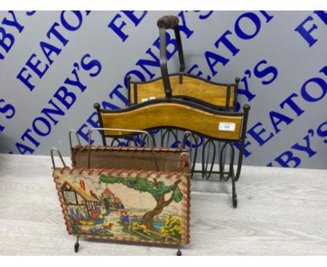 Large metal magazine rack with wooden handle &amp; 2 panels, plus one other vintage mag-rack