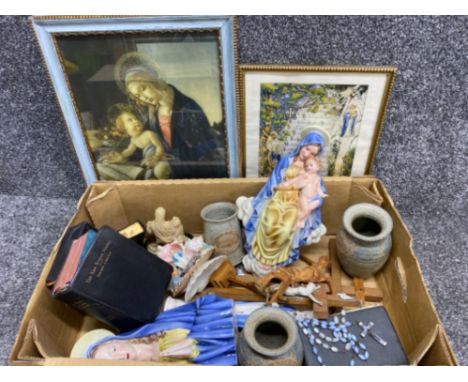 Box lot containing a variety of religious items including Bibles, wooden crucifix’s, rosary beads, ceramic Virgin Mary orname