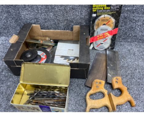 Box of miscellaneous hand tools &amp; accessories including hand saws, saw blades &amp; drill bits