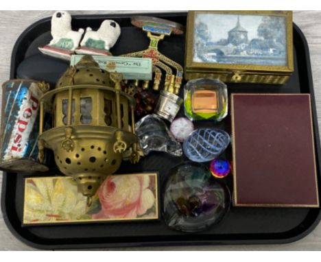 Tray of miscellaneous including paperweights, boxes, Persian style hanging, brass light etc