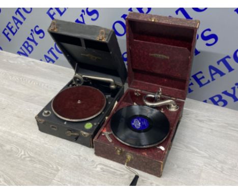 Vintage Columbia No 109 portable table top gramophone player Together with a Vintage portable Mastertone wind up table top gr