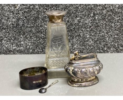 Antique Hallmarked silver rimmed bottle together with silver napkin ring &amp; small spoon, also includes a vintage ‘crown’ R