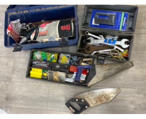 2 vintage tool boxes containing a variety of hand tools, (including spanner’s, saws etc