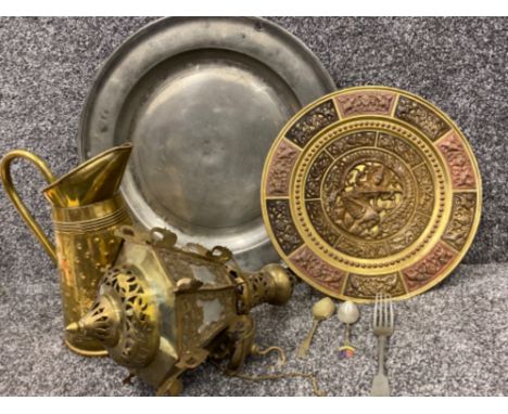 Lot comprising of large pewter plaque, brass jug &amp; light fitting etc