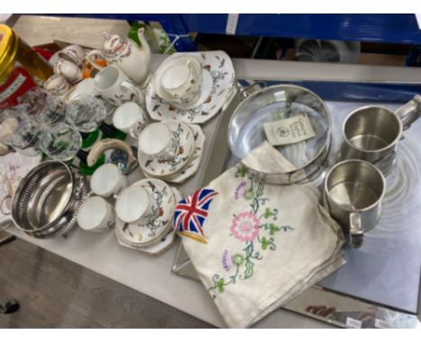 Box containing miscellaneous items to include China tea sets, glass drinking glasses, vintage pewter tankards etc