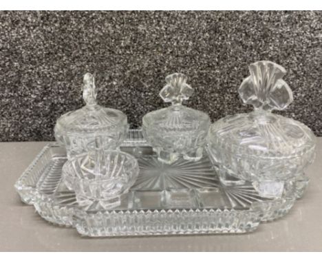 Vintage dressing table set with heavy cut glass tray and 3x matching lidded bowls and ring stand