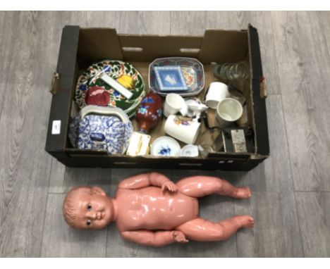 A box of miscellaneous containing vintage lucky toys baby boy cloisonné vase wade plate etc