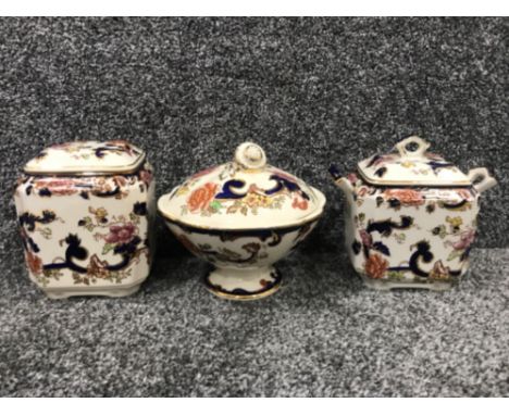 Masons twin handled tea caddy together with matching lidded bowl and one other all in the Mandalay pattern