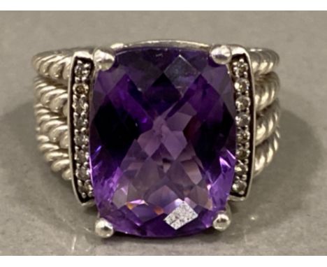 David Yurman designer Amethyst &amp; Diamond ring, size Q, 10.9g gross (retails at £600)
