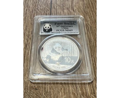 2014 First Strike 26th Anniversary China 10 Yuan solid .999 silver 1oz coin (certified slabbed &amp; graded by PCGS as first 