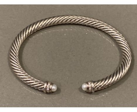 David Yurman designer diamond &amp; Pearl set silver twisted bangle 27g, (retail at £550)