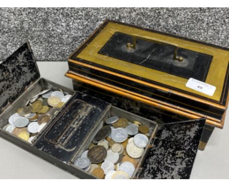 Vintage metal deed box containing a large quantity of miscellaneous foreign coinage