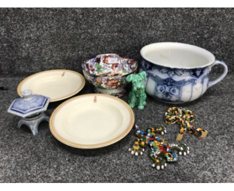 Sylvac dog 1378 porcelain royal doulton armorial plates Imari style bowl chamber pot 2 mosaic figures etc