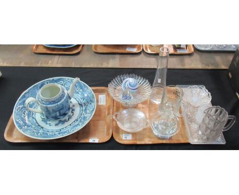 Two trays, one containing a large shallow antique Japanese bowl with blue and white decoration (badly repaired) and a straigh