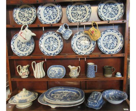 Collection of mostly blue and white china to include; four Staffordshire Willow pattern meat plates of various sizes, Willow 