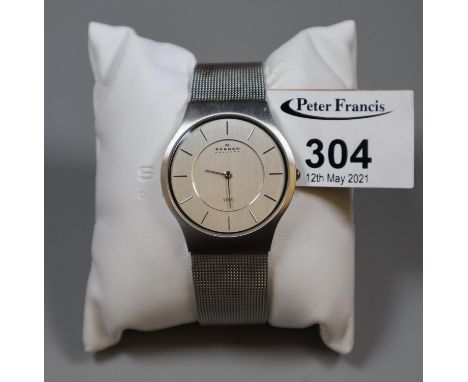 Skagen of Denmark steel gents wristwatch, the face with baton numerals, in original box with papers. (B.P. 21% + VAT) 