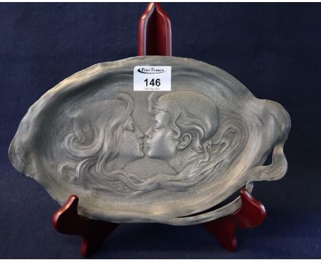WMF, Art Nouveau pewter pin tray decorated with head and shoulder portrait of lovers. Impressed marks to the base. (B.P. 21% 