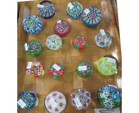 Tray of various mostly small colourful glass millefiori design paperweights to include; Murano x 2, one marked Caithness Mill