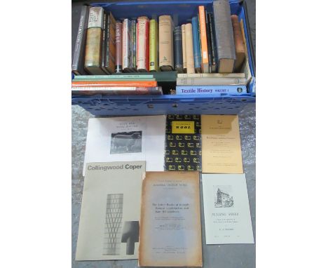 Box of vintage books on the subject of textiles and Welsh interest to include; 'Skinner's Wool trade directory of the world 1