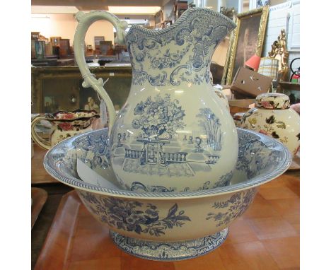 Spode porcelain blue and white floral design 'The Antique Vase Ewer and Basin', printed marks to the bottom, with COA, limite