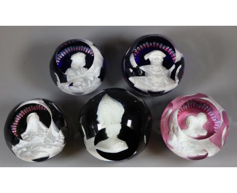 Collection of five Caithness paperweights to include; King Henry VIII, Queen Elizabeth I, Richard III, Prince & Princess of W