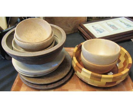 Tray of wooden plates and bowls, pine, oak etc. A selection of modern and vintage. Provenance Margaret Bide Collection.(B.P. 