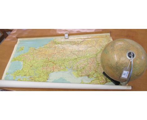 Pull down vintage map of West Wales and a vintage table top globe. Provenance Margaret Bide Collection. (B.P. 21% + VAT)Globe