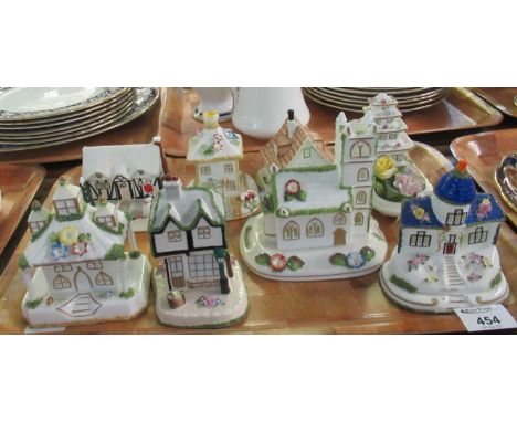 Tray of Coalport ceramic cottages and other buildings to include; 'Park Lodge', 'The Old Curiosity Shop', 'Village Church', '