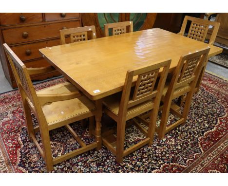 Fine Robert 'Mouseman' Thompson of Kilburn refectory dining table, together with six lattice back chairs (4 + 2) (6), one tab