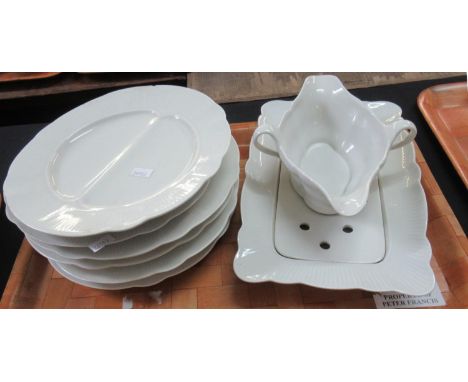 Vintage white porcelain Pillivuyt ware, France, comprising: six unusual oval plates with a division through the centre, a ser