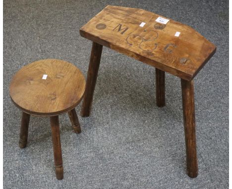 19th Century cutlers stool with initials M.G, together with a smaller milking stool. (2)(B.P. 21% + VAT) 