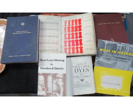 A box and a tray of vintage and antiquarian books on the subject of wool and textiles to include; 'Acid Colours on Wool' by S