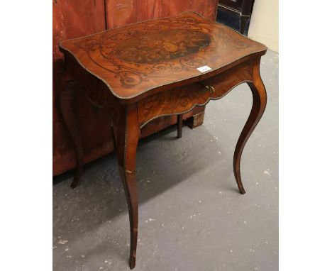 19th Century marquetry ladies work table, the shaped top with floral and foliate decoration, the interior revealing various c